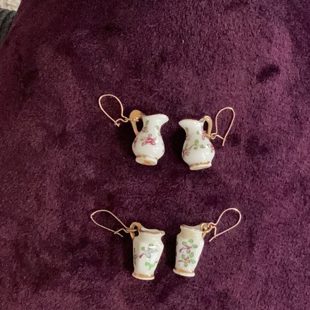 2 pair of Porcelain Floral Pitcher Earrings with Gold Accents